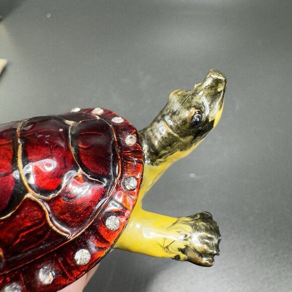 VTG Turtle Red Shell Enamel Over Metal Bejeweled Hinged Trinket Box Pill Box - Picture 4 of 10